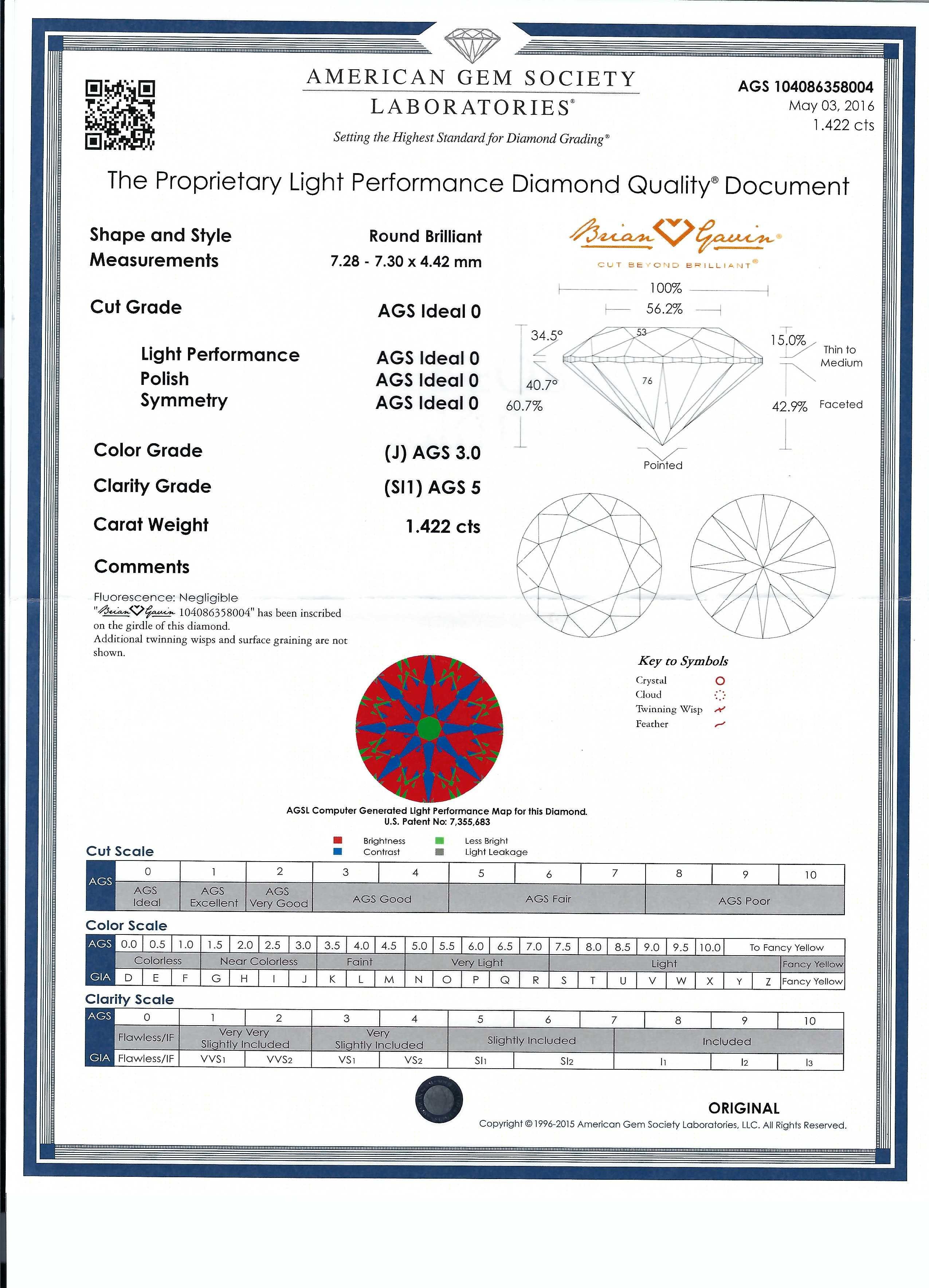Anillo de compromiso de diamante natural brillante redondo certificado AGS de 1,42 quilates en Nuevo estado para la venta en Houston, TX