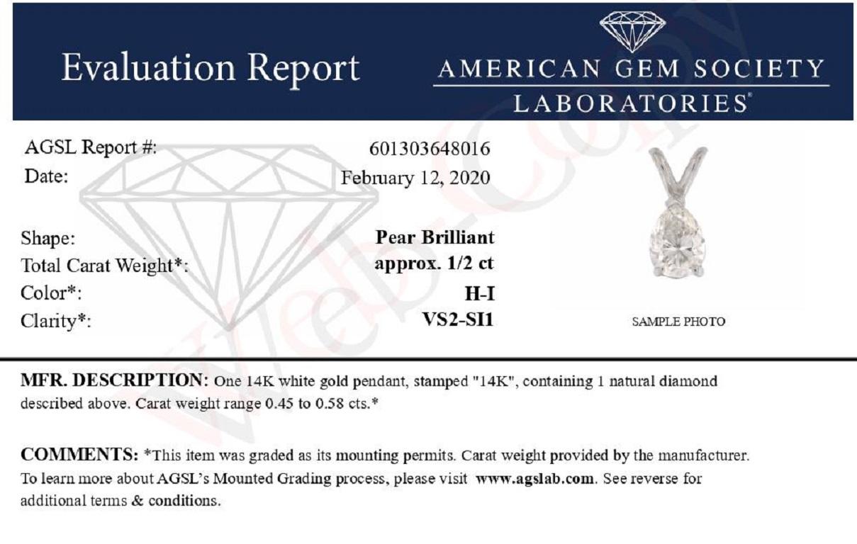 AGS Certified 14K White Gold 1/2 Carat Diamond Pear Pendant Necklace In New Condition For Sale In New York, NY