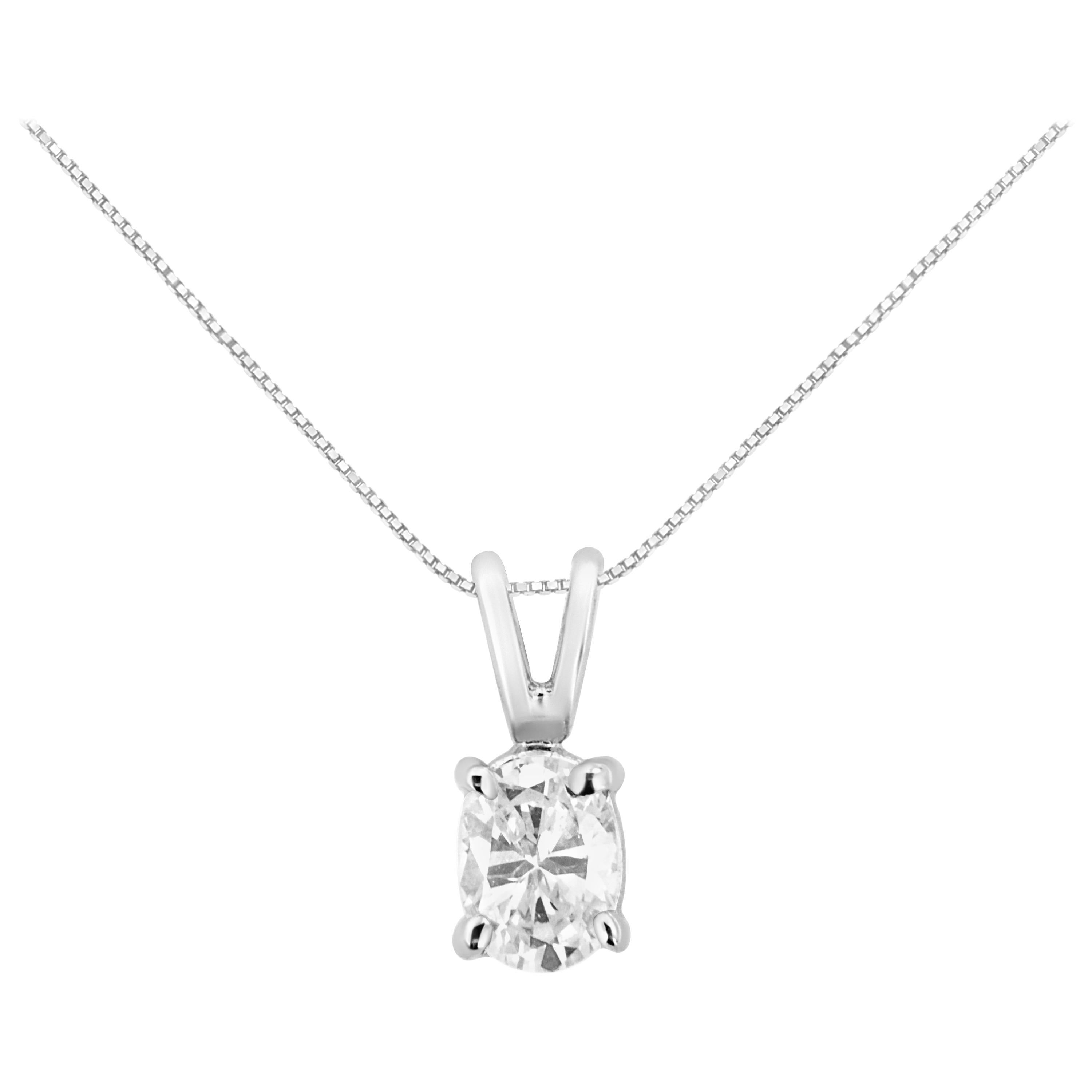 AGS Certified 14K White Gold 1/3 Carat Oval Diamond Pendant Necklace For Sale