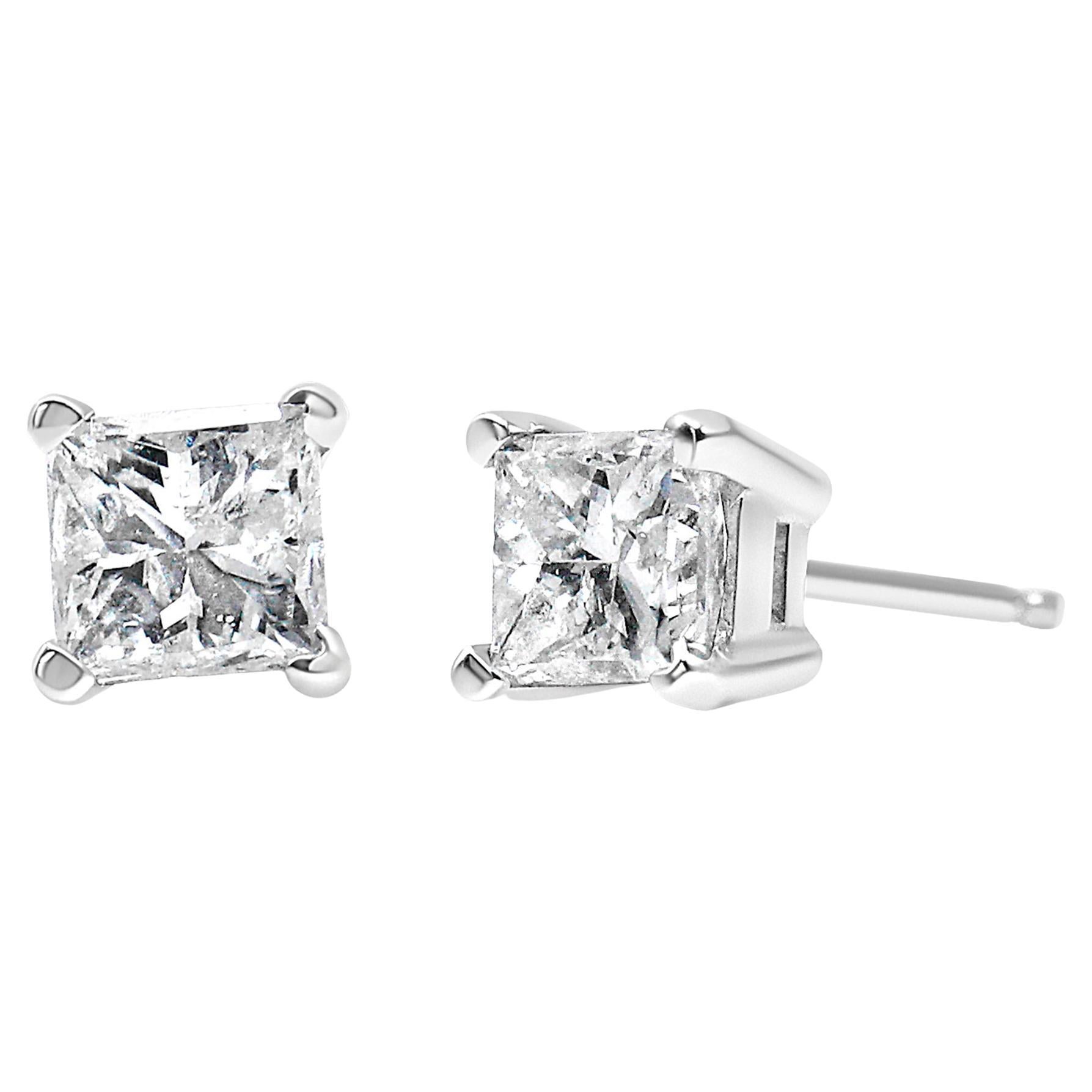 AGS Certified 14k White Gold 1/4 Carat Square Diamond Solitaire Stud Earrings For Sale