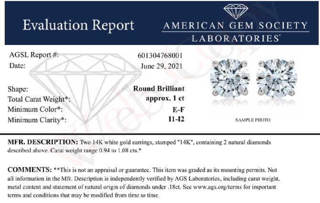 Contemporary AGS Certified 14K White Gold 1.0 Carat Brilliant Round-Cut Diamond Stud Earrings For Sale