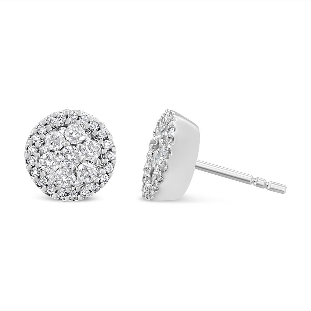 Contemporary AGS Certified 14K White Gold 1.0 Carat Diamond Halo-Style Cluster Stud Earrings For Sale
