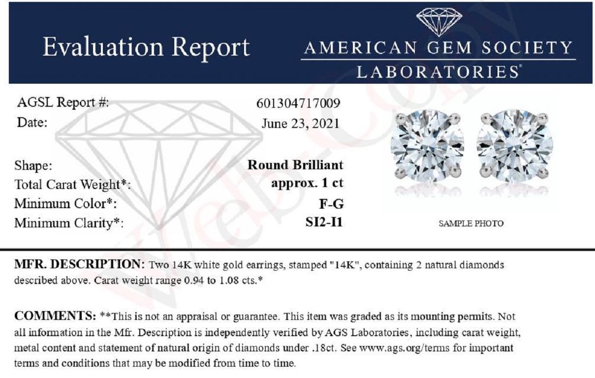 AGS Certified 14K White Gold 1.0 Carat Diamond Push Back Stud Earrings In New Condition For Sale In New York, NY