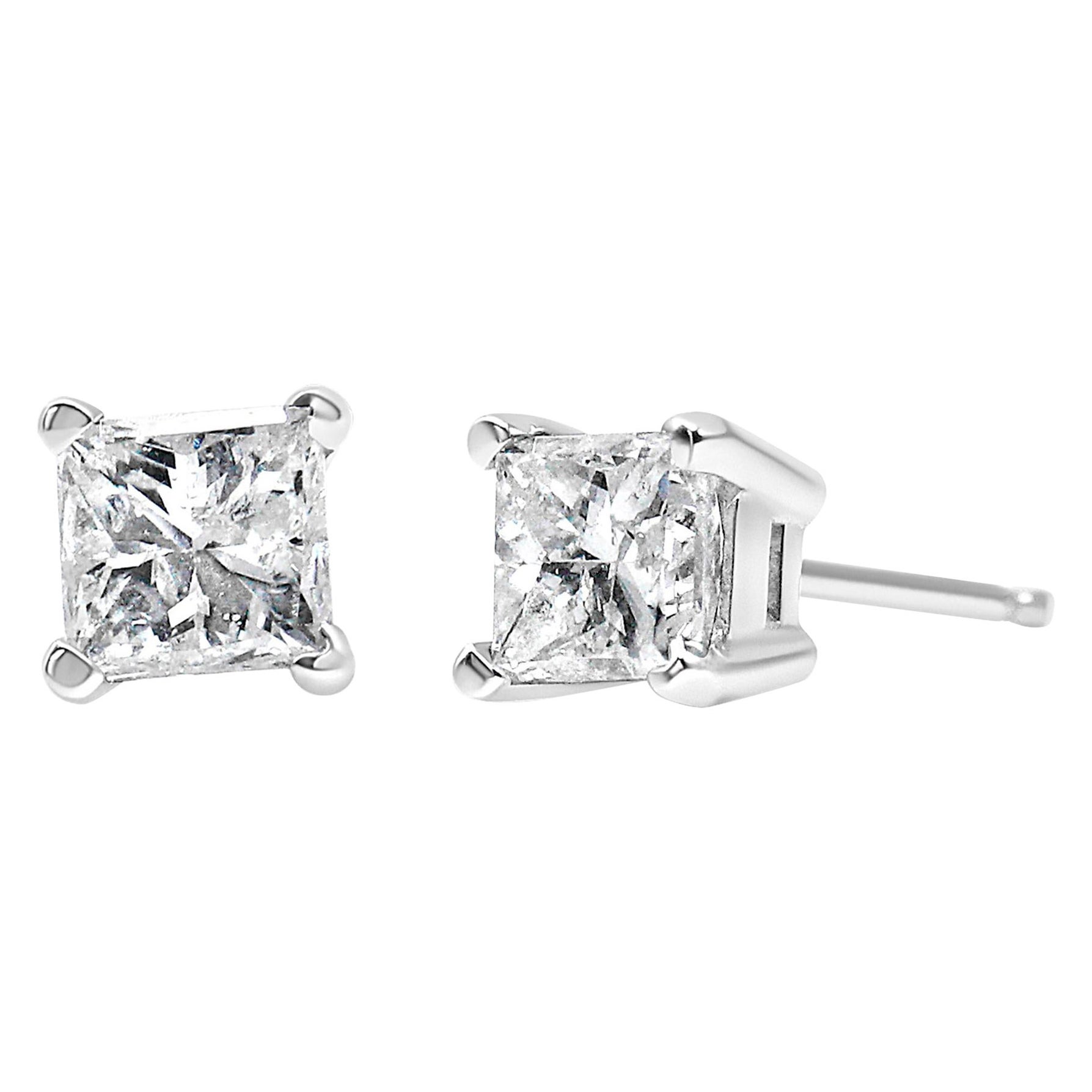 Clous d'oreilles en or blanc 14 carats avec diamants taille princesse de 1,0 carat certifiés AGS