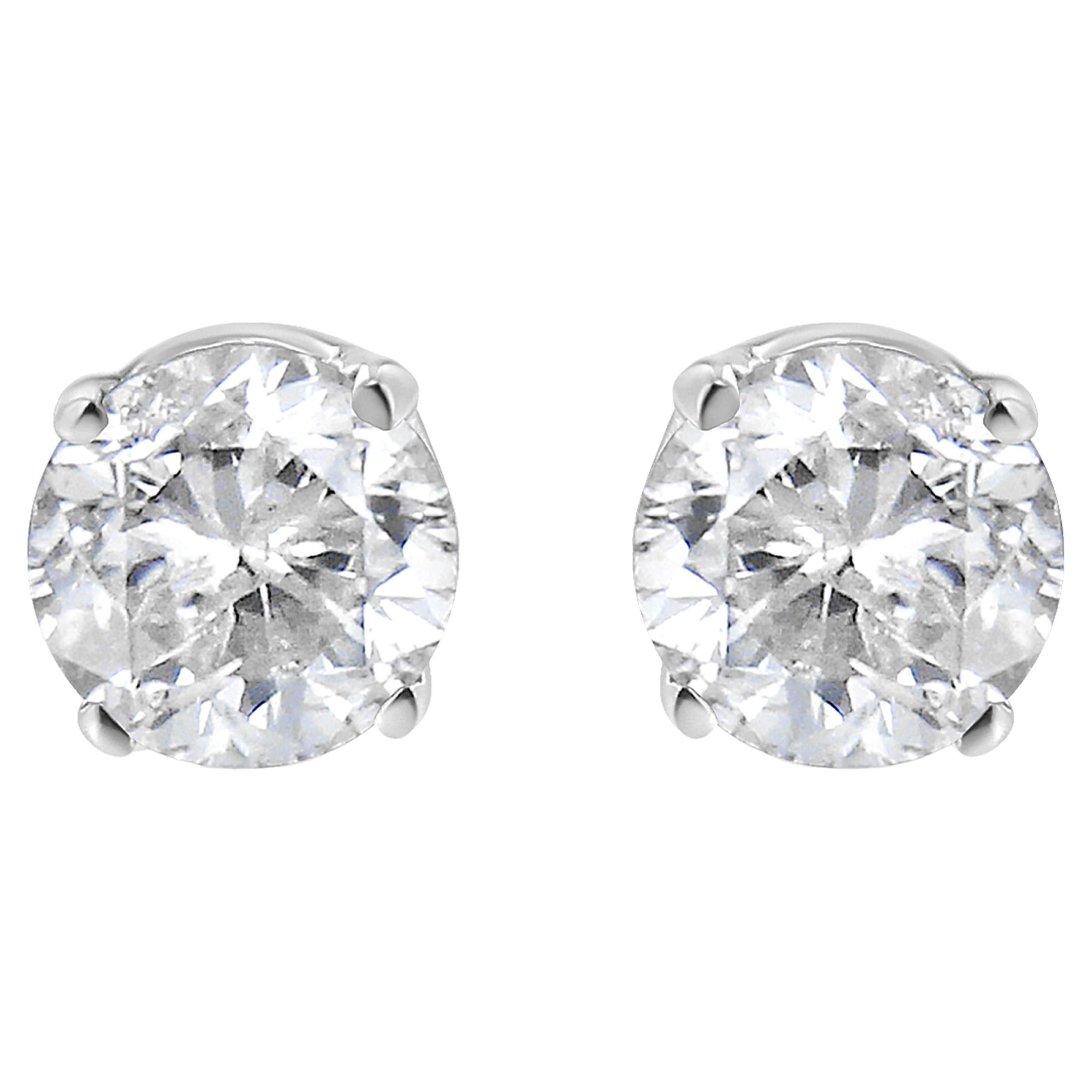 AGS Certified 14K White Gold 1.0 Carat Round-Cut Diamond Push Back Stud Earrings For Sale