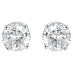 Clous d'oreilles en or blanc 14 carats certifiés AGS avec diamants taille ronde de 1,0 carat