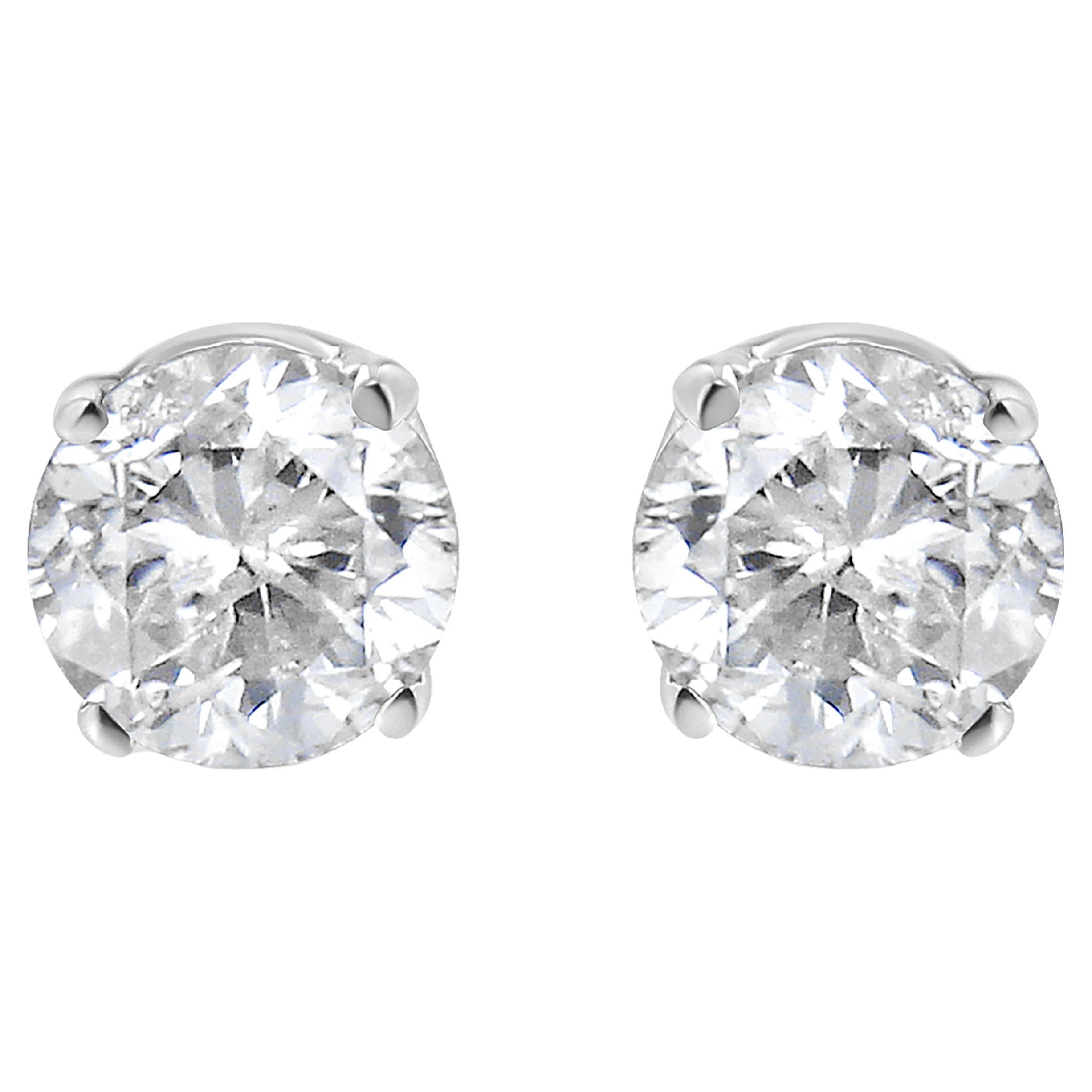 AGS Certified 14K White Gold 1.0 Carat Solitaire Diamond Push Back Stud Earrings