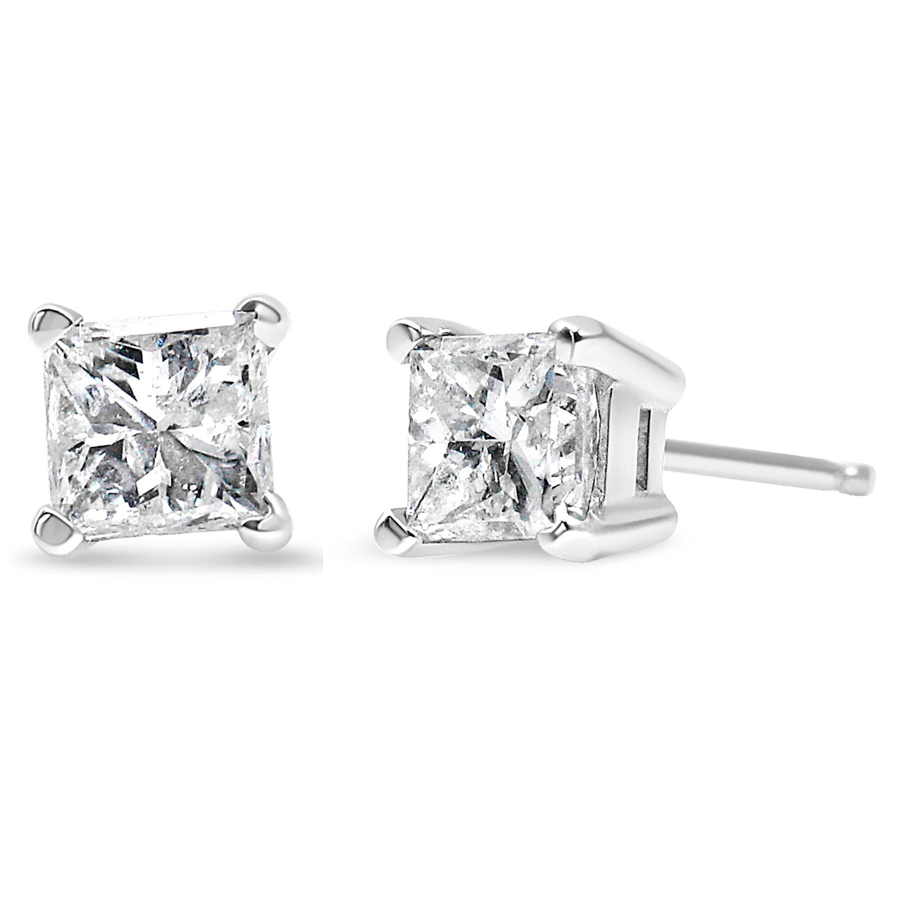 AGS Certified 14K White Gold 1.0 Cttw Princess-Cut Solitaire Diamond Earrings For Sale 2
