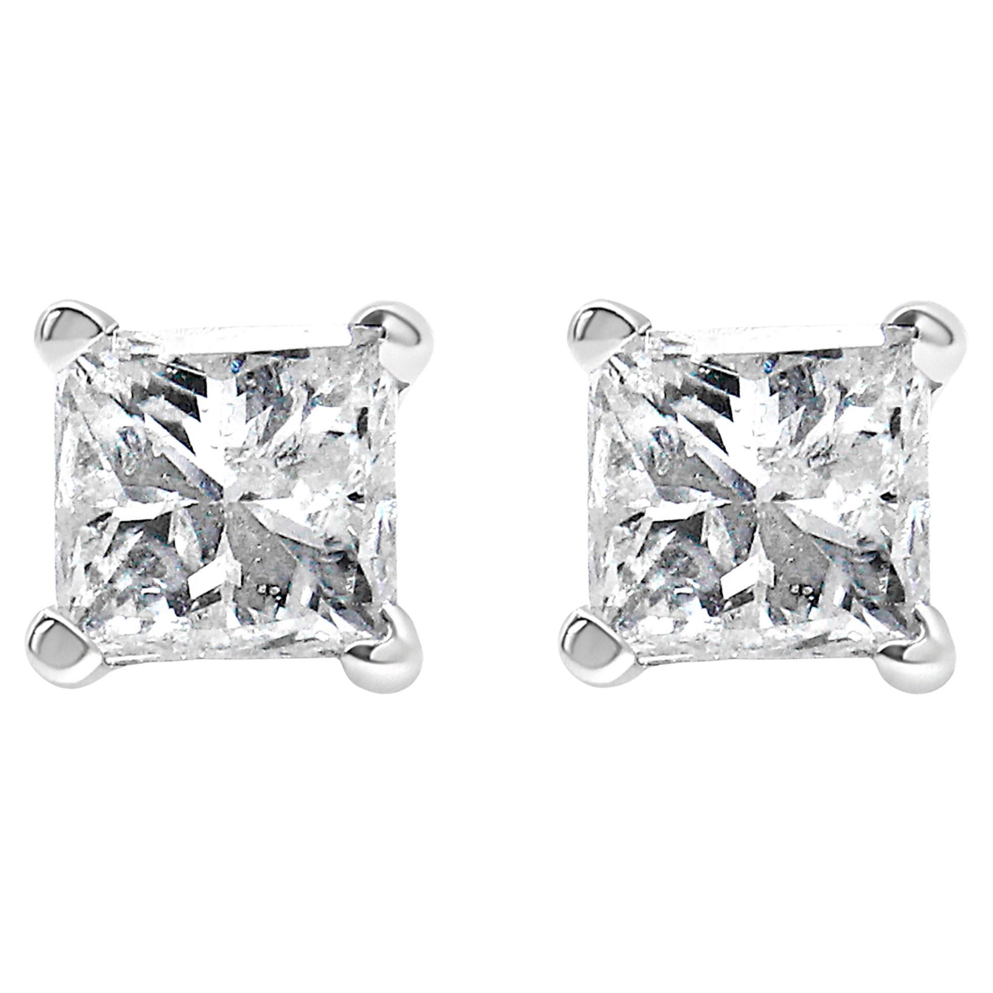 Boucles d'oreilles en or blanc 14K certifié par l'AGS, diamant solitaire taille princesse de 1,0 ctw