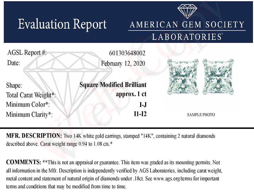 AGS-zertifizierte 14k Weißgold 1,0 Karat Weißgold Prinzessin Solitär Diamant-Ohrstecker im Zustand „Neu“ im Angebot in New York, NY