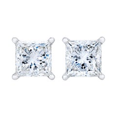 AGS Certified 14k White Gold 1.0 Cttw Princess Solitaire Diamond Stud Earrings