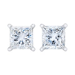 AGS Certified 14k White Gold 1.0 Cttw Princess Solitaire Diamond Stud Earrings