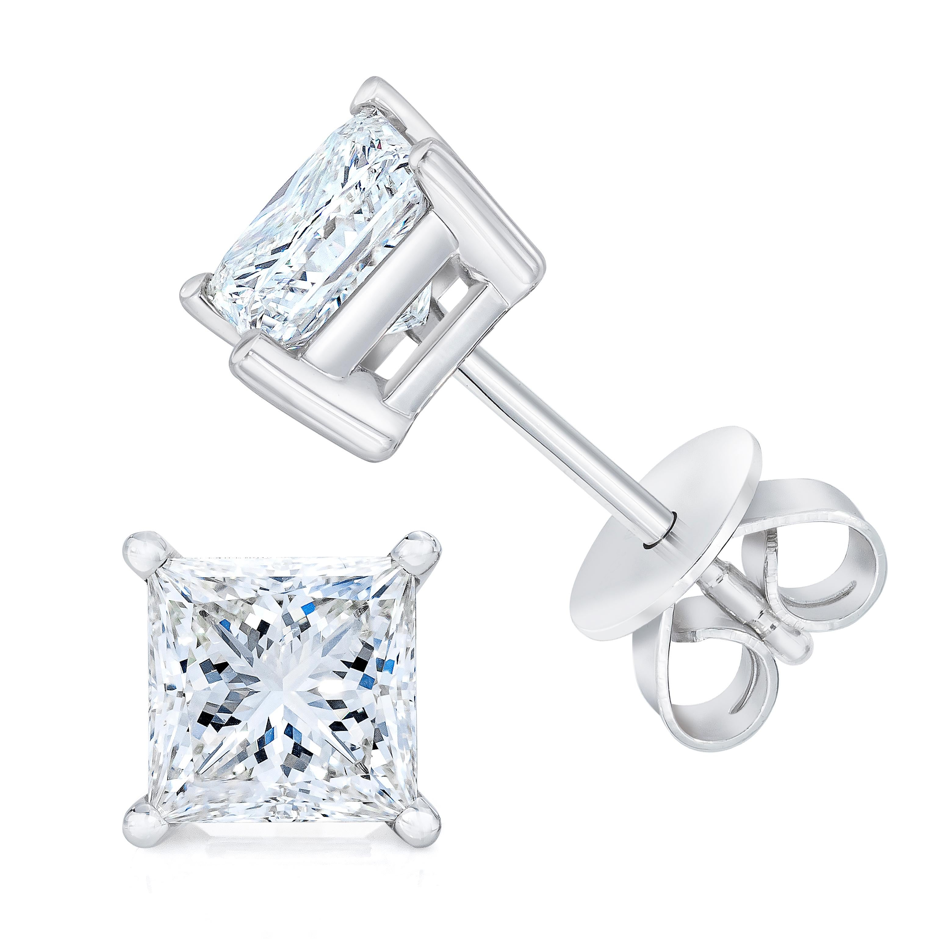 Celebrate any occasion with these classic shimmering diamond stud earrings. Crafted from 14k White Gold each earring showcases a sparkling Princess-Cut Solitaire Diamond in a 4-Prong Setting. Dazzling with 1.0 cttw of diamonds and a bright polished