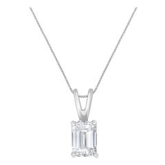 AGS Certified 14k White Gold 3/4 Cttw Emerald Diamond Solitaire Pendant Necklace