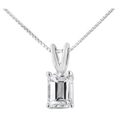 AGS Certified 14K White Gold 3/4 Cttw Emerald Diamond Solitaire Pendant Necklace