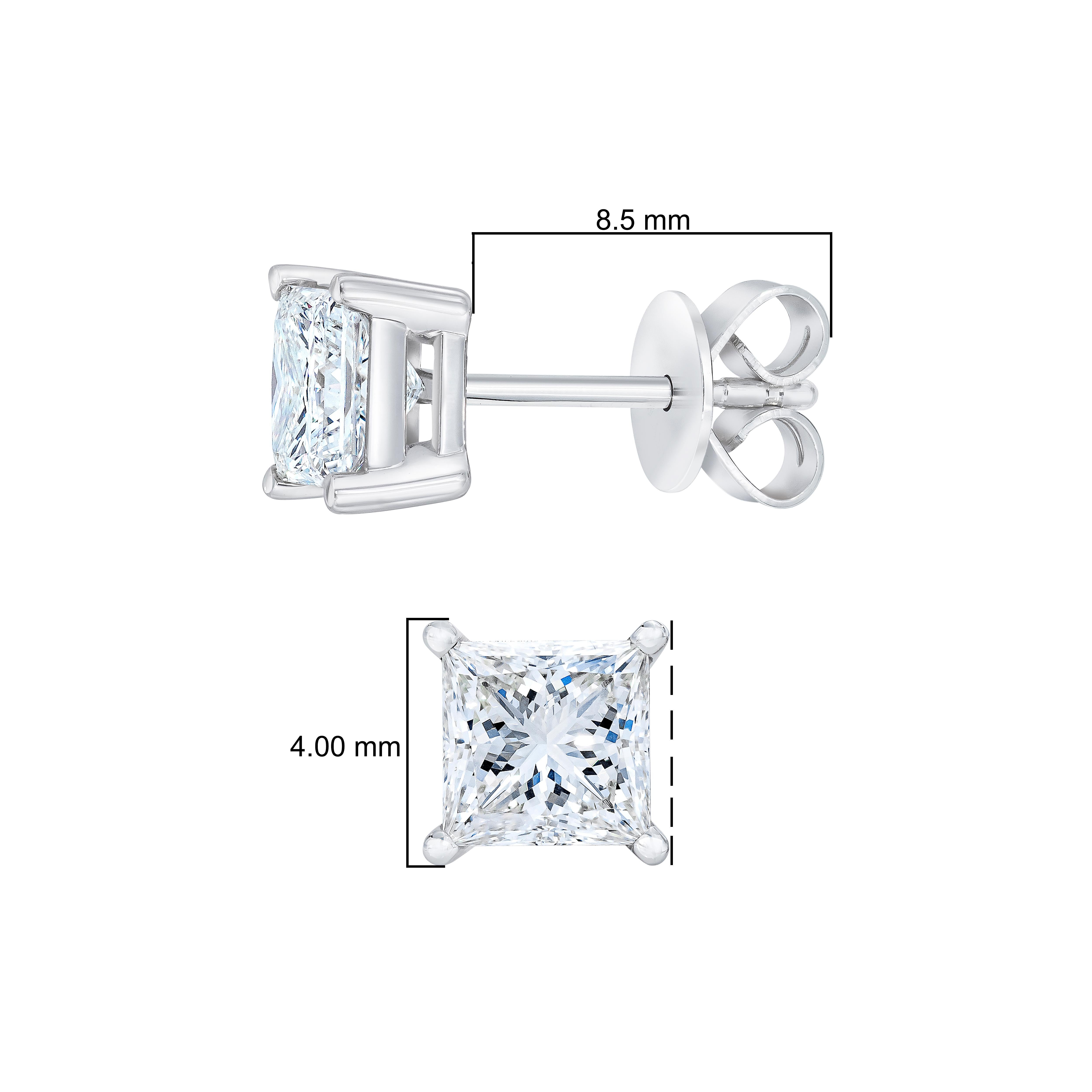 Women's AGS Certified 14K White Gold 3/8 Carat Princess Solitaire Diamond Stud Earrings