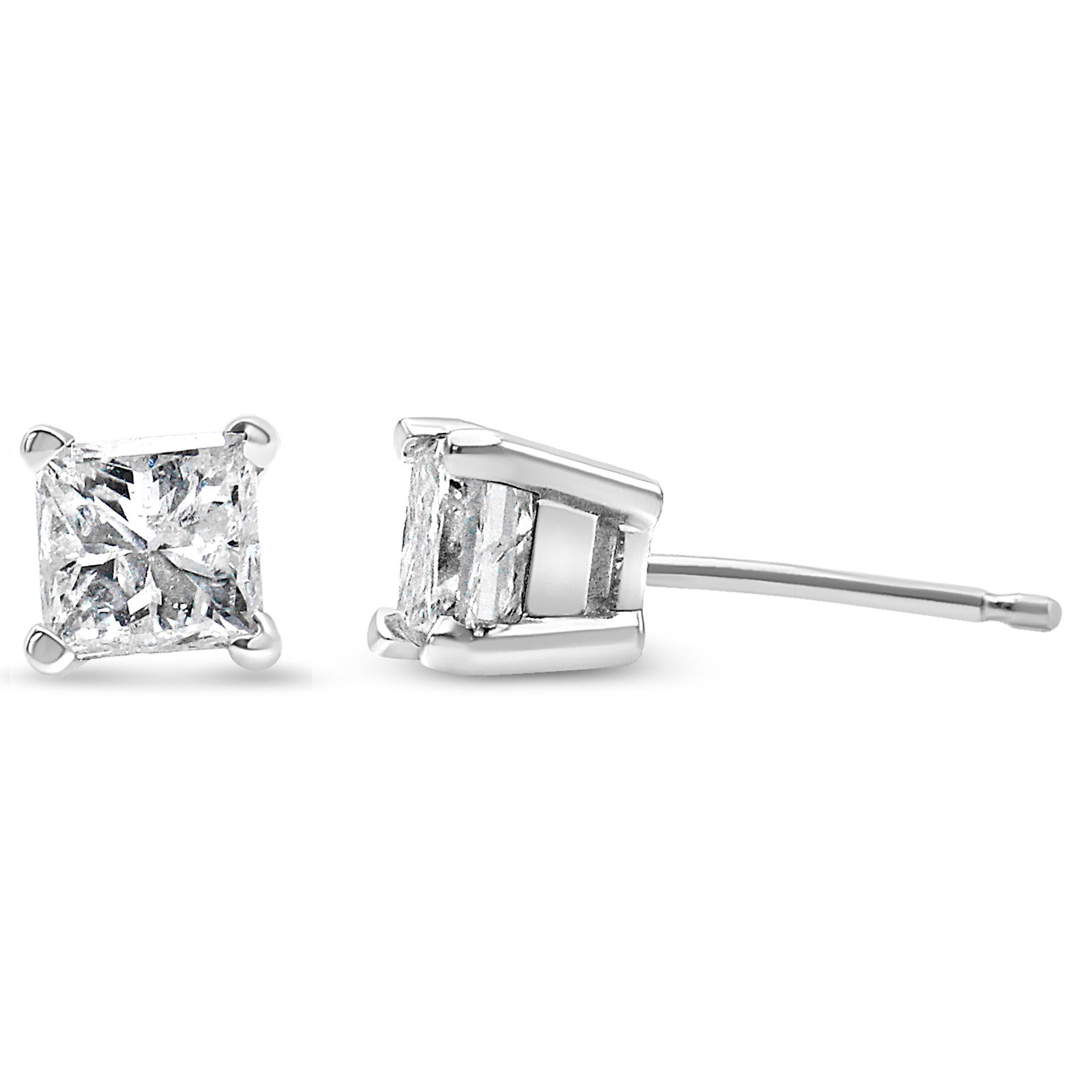 Contemporary AGS Certified 14k White Gold 3/8 Carat Solitaire Diamond Push Back Stud Earrings For Sale