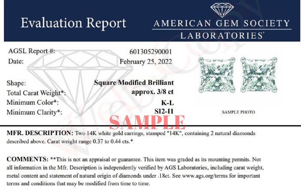 Elegant and timeless, these gorgeous AGS certified 14 karat white gold solitaire stud earrings feature square, princess cut diamonds in classic 4-prong settings. The earrings feature double notched friction posts with secure butterfly back pushback