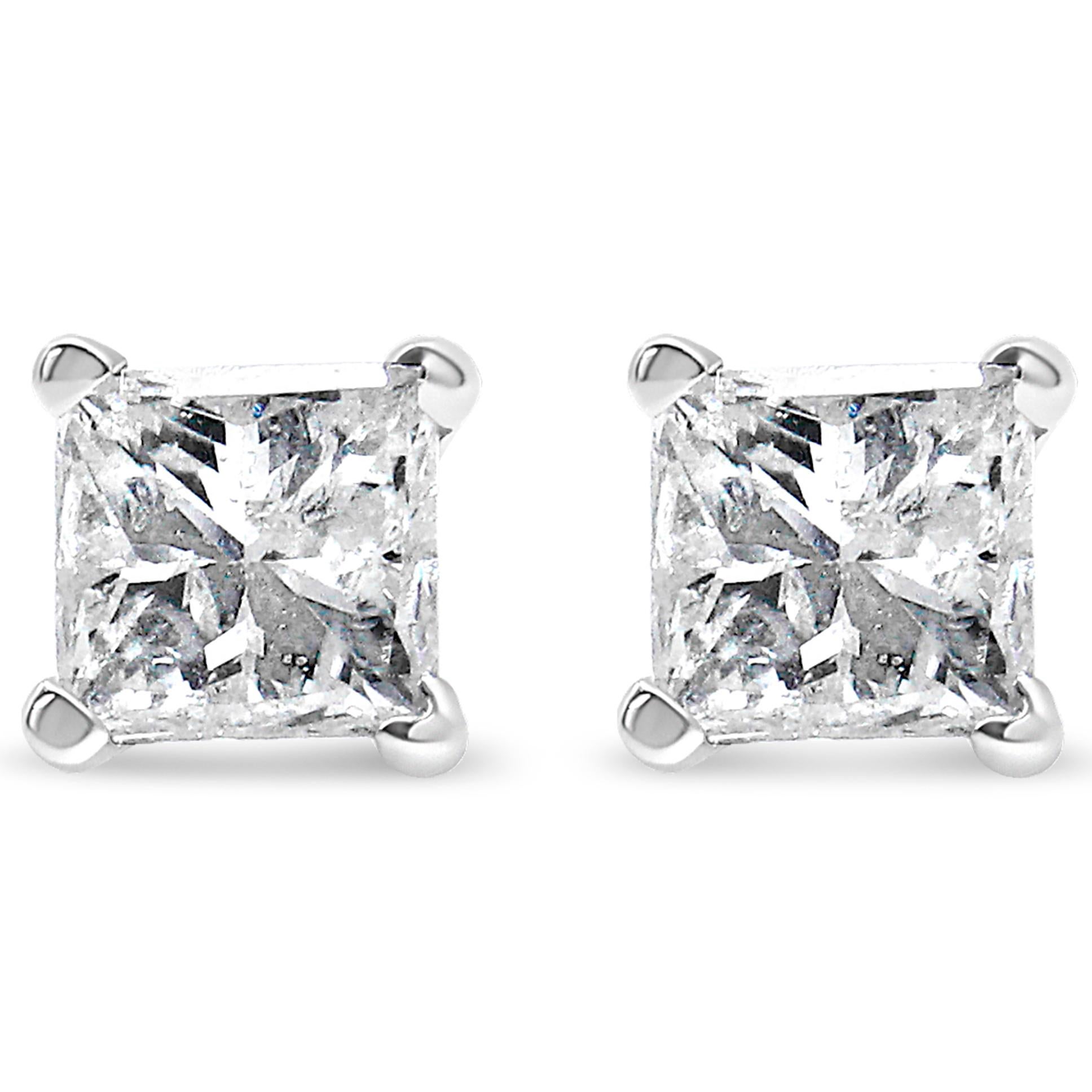 Contemporary AGS Certified 14k White Gold 3/8 Carat Square Colorless Diamond Stud Earrings 