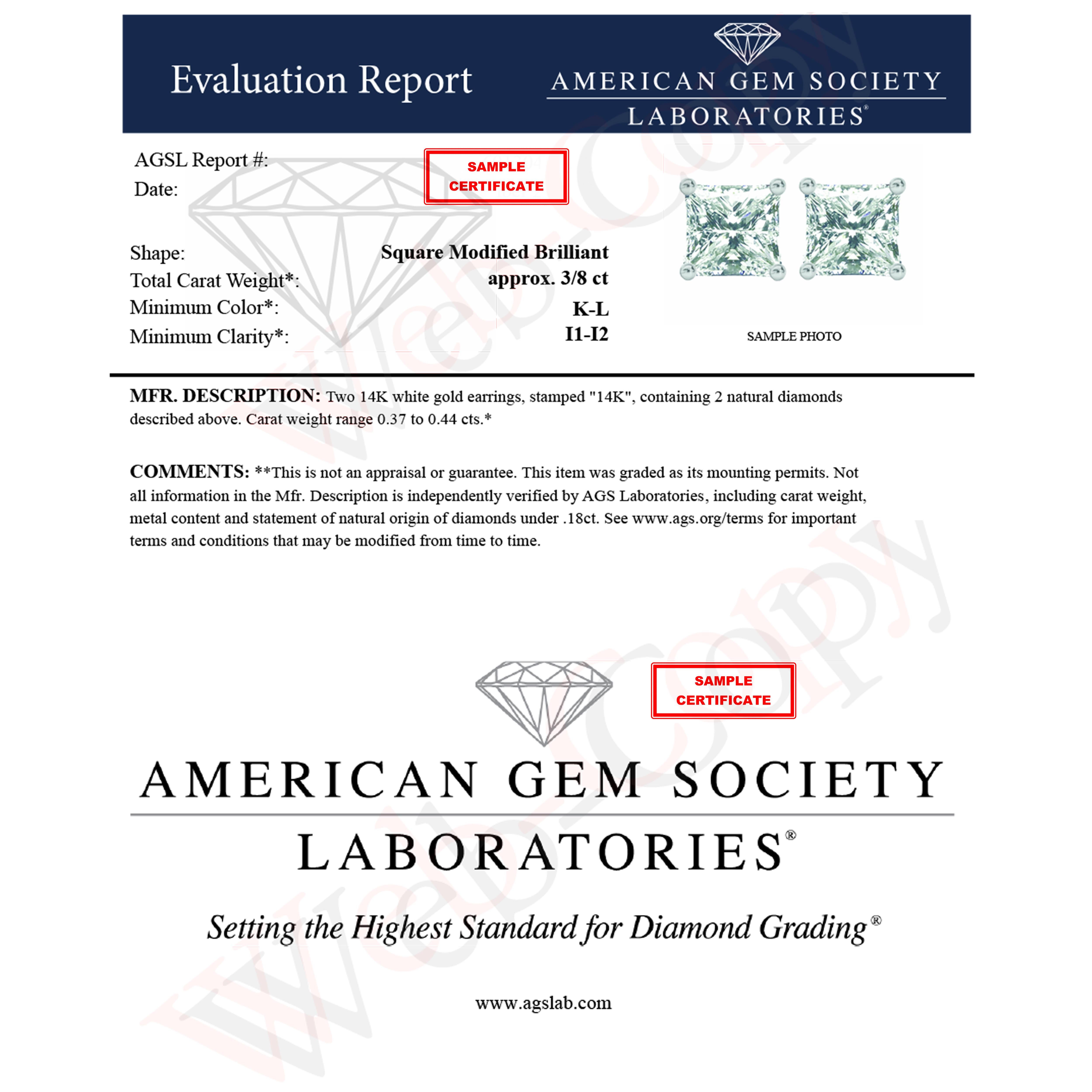 Boucles d'oreilles en or blanc 14k certifié AGS 3/8 Cttw Princesse Solitaire Diamant Neuf - En vente à New York, NY