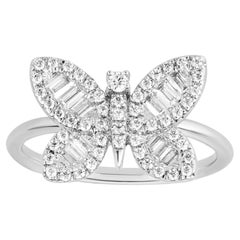 AGS Certified 14K White Gold Baguette Diamond Butterfly Ring Cocktail Ring