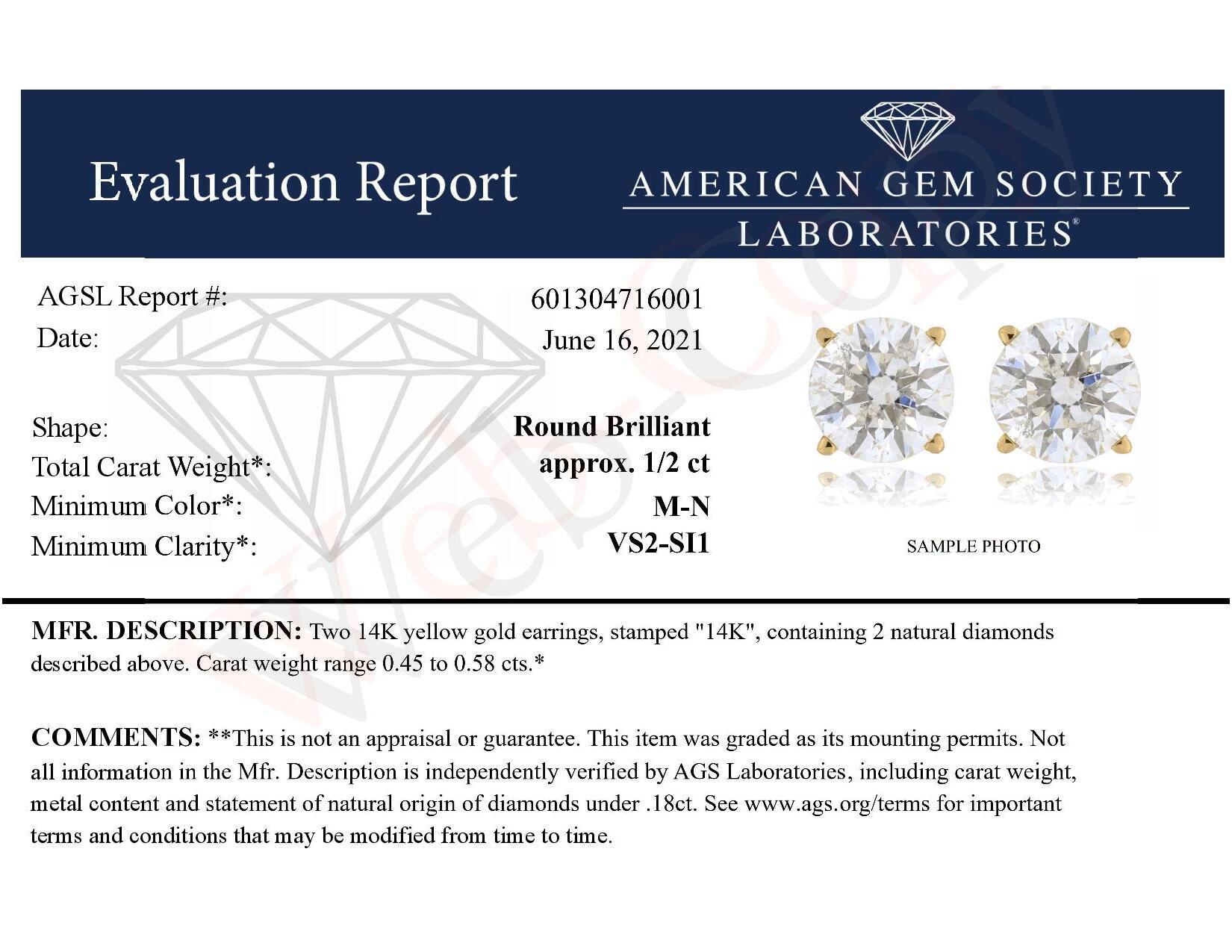 Ohrstecker mit Druckverschluss, GS-zertifiziert 14K Gelbgold 1/2 Karat Diamant im Zustand „Neu“ in New York, NY