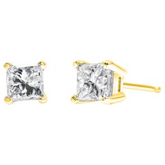 AGS Certified 14k Yellow Gold 1/2 Carat Princess Diamond Solitaire Stud Earrings