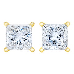 AGS Certified 14K Yellow Gold 1/2 Carat Princess Diamond Stud Earrings