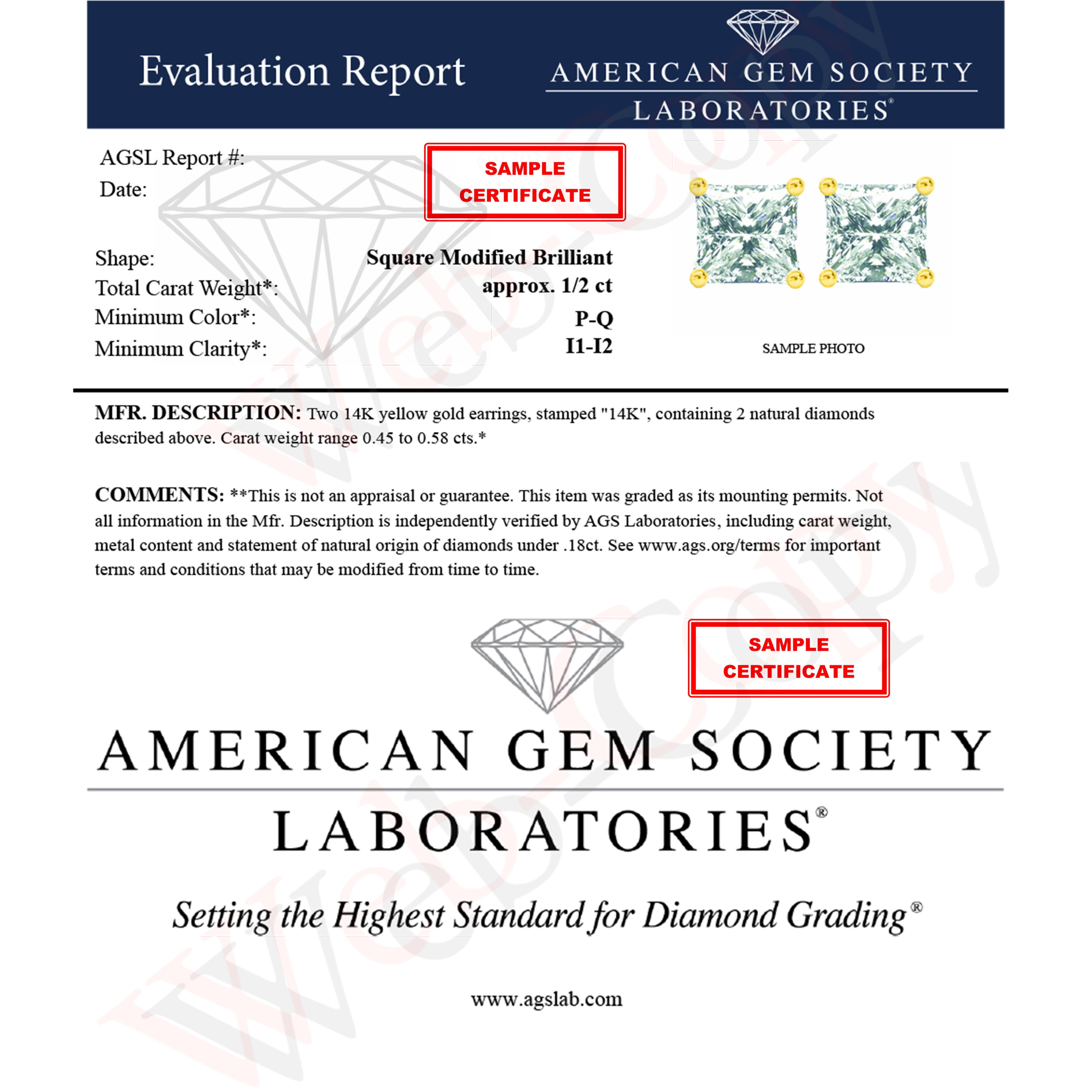 AGS Certified 14K Yellow Gold 1/2 Carat Princess Solitaire Diamond Stud Earrings In New Condition For Sale In New York, NY