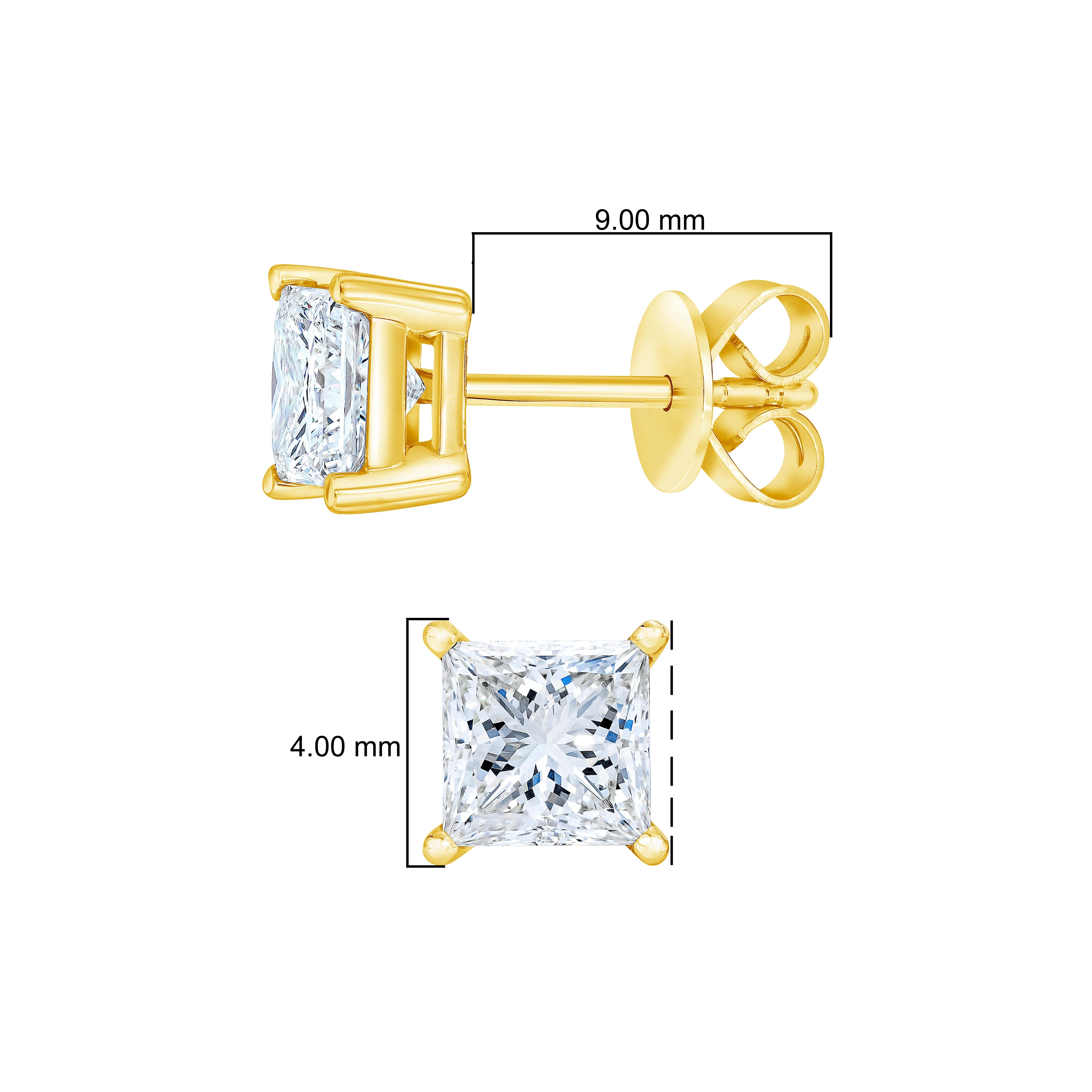 AGS Certified 14K Yellow Gold 1/2 Carat Princess Solitaire Diamond Stud Earrings For Sale 1