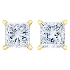 AGS Certified 14K Yellow Gold 1/2 Carat Princess Solitaire Diamond Stud Earrings