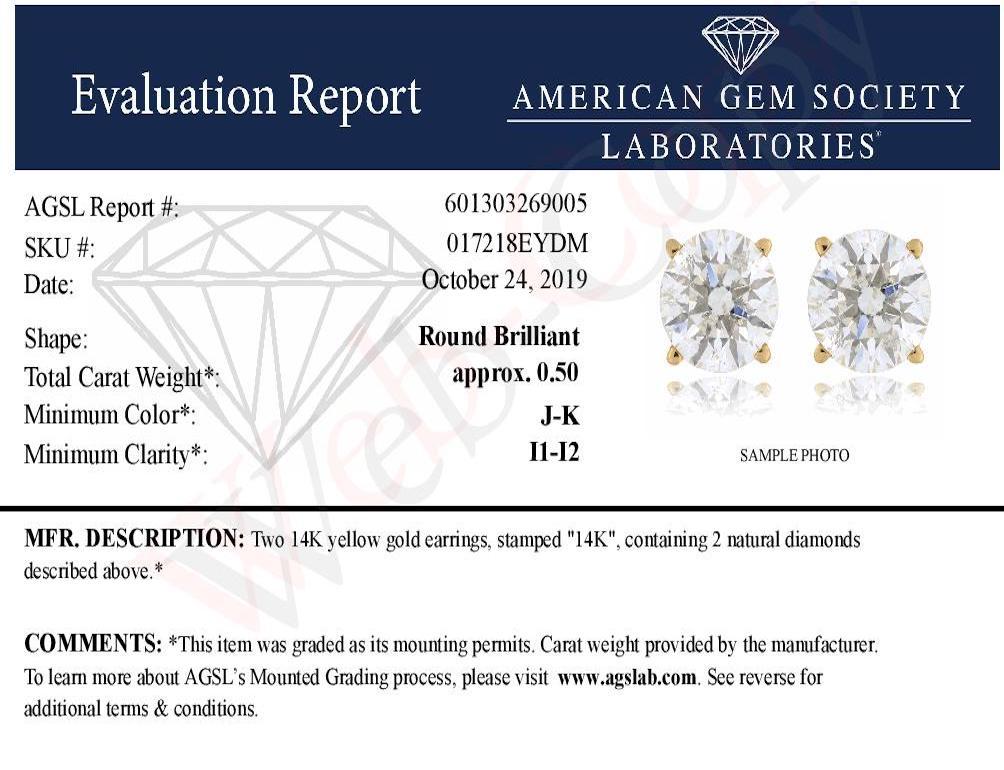 AGS-zertifizierte 14K Gelbgold 1/2 Karat Diamant-Ohrstecker im Rundschliff im Zustand „Neu“ im Angebot in New York, NY