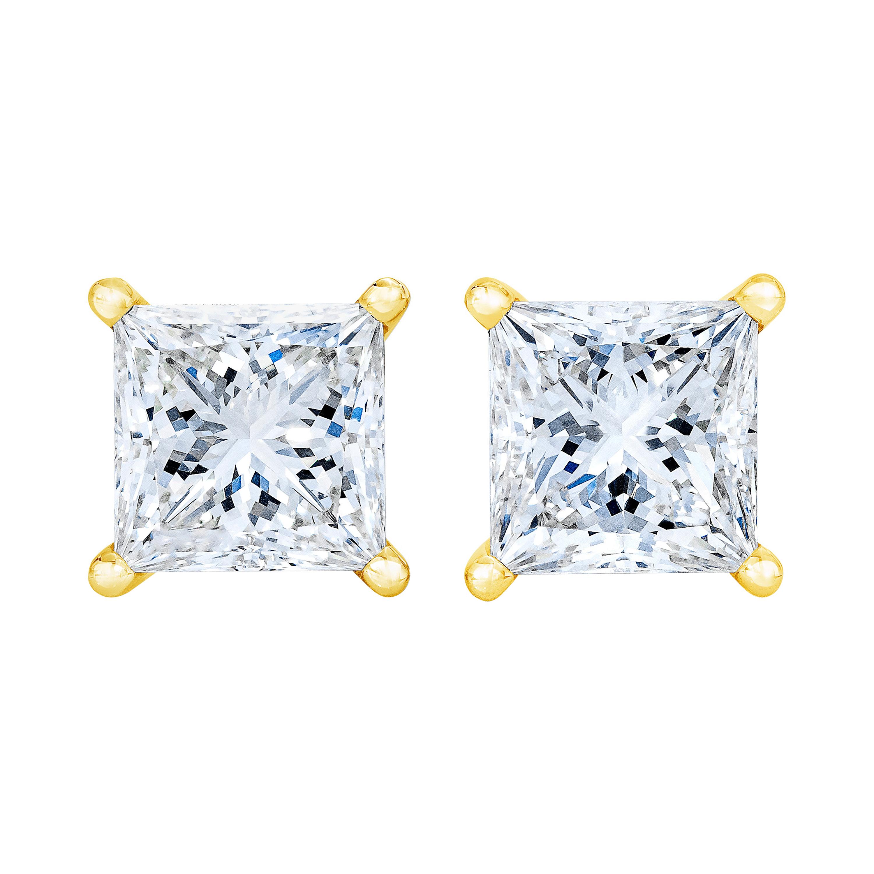 AGS Certified 14k Yellow Gold 1/3 Cttw Princess Solitaire Diamond Stud Earrings For Sale