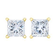 AGS Certified 14k Yellow Gold 1/3 Cttw Princess Solitaire Diamond Stud Earrings