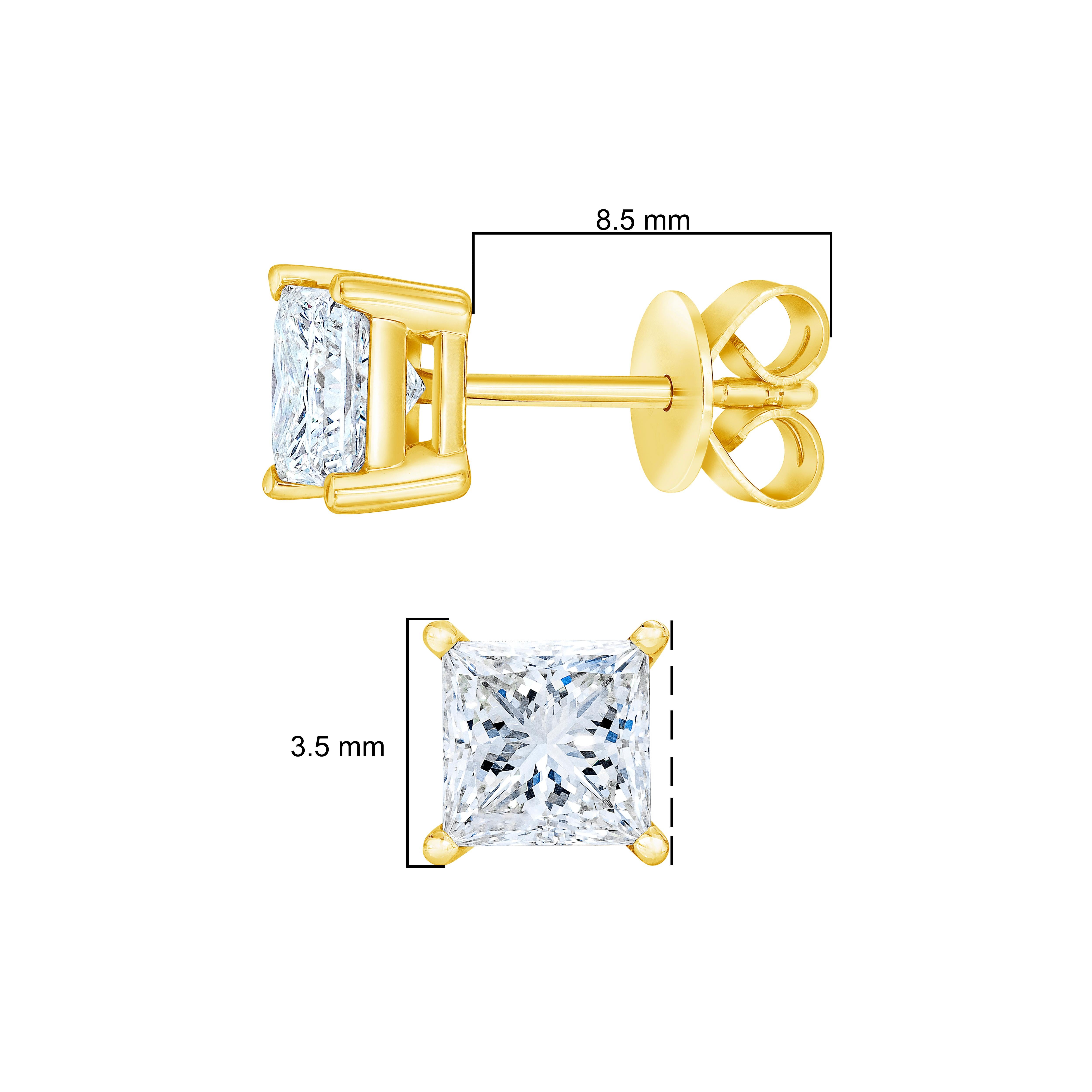 Women's AGS Certified 14K Yellow Gold 1/4 Carat Princess Solitaire Diamond Stud Earrings