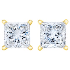 AGS Certified 14K Yellow Gold 1/4 Carat Princess Solitaire Diamond Stud Earrings