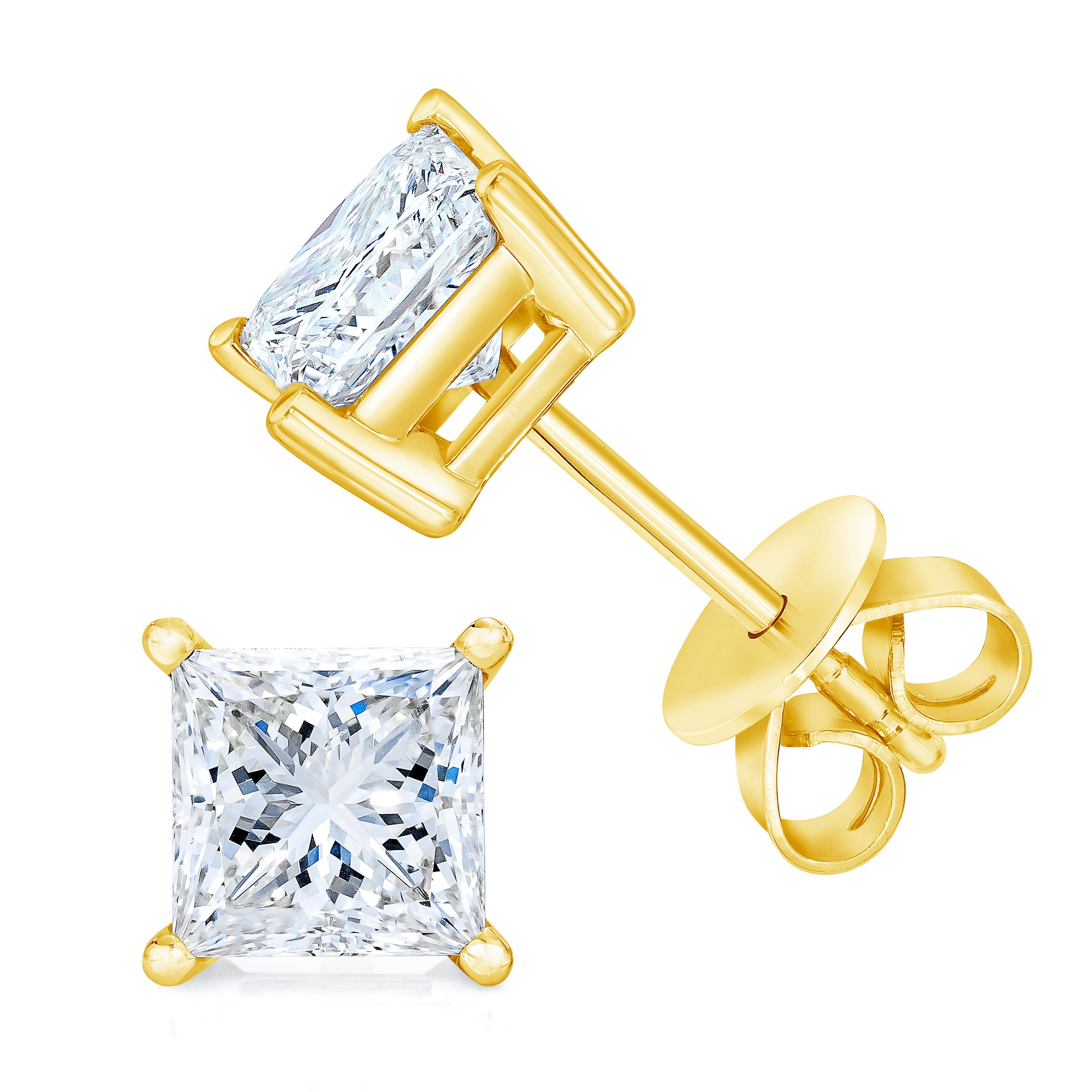 Celebrate any occasion with these classic shimmering diamond stud earrings. Fashioned in 14K gold, each earring showcases a sparkling square shaped, brilliant cut certified diamond solitaire. Dazzling with a bright polished shine, these post
