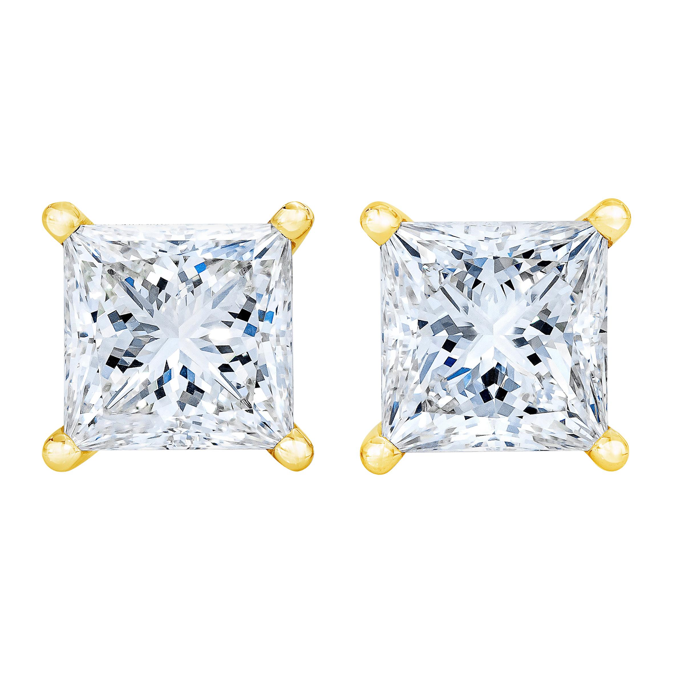 AGS Certified 14k Yellow Gold 1/4 Cttw Princess Solitaire Diamond Stud Earrings For Sale