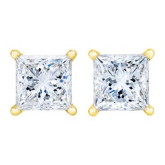 Boucles d'oreilles en or jaune 14k certifié AGS 1/4 Cttw Princesse Solitaire Diamant