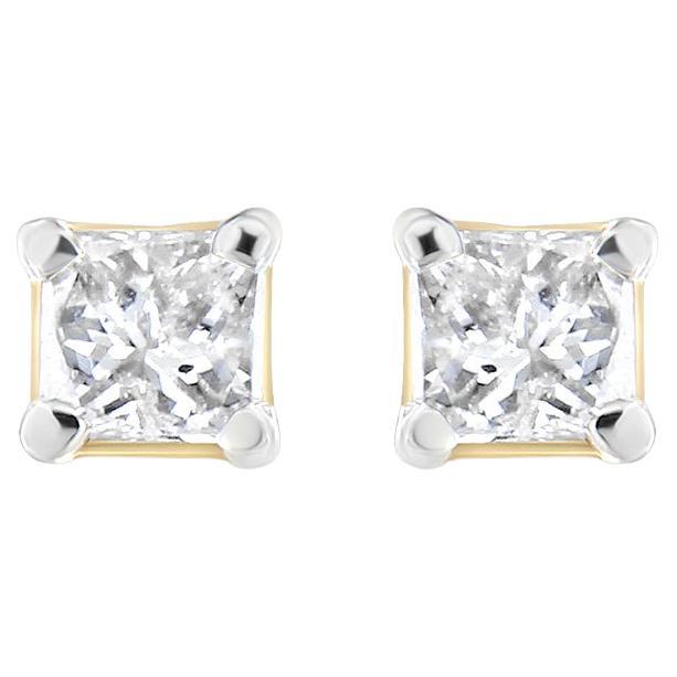 Boucles d'oreilles en or jaune 14K certifié AGS 1/5 Cttw Princesse Solitaire Diamant