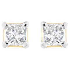 AGS Certified 14K Yellow Gold 1/5 Cttw Princess Solitaire Diamond Stud Earrings