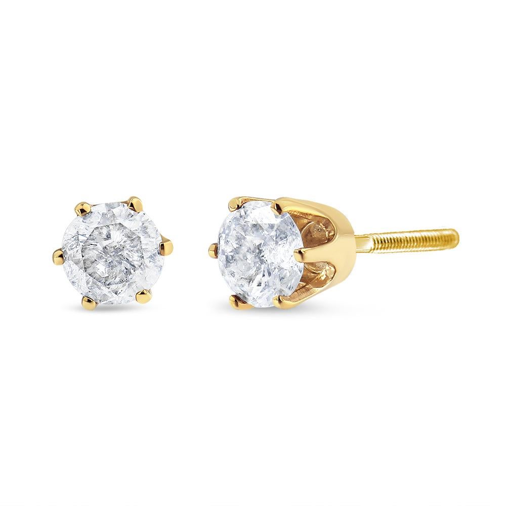 Celebrate any occasion with these classic and shimmering colorless diamond stud earrings. Fashioned in 14K yellow gold, each earring showcases a sparkling round shaped, brilliant cut certified diamond solitaire. Dazzling with a bright polished