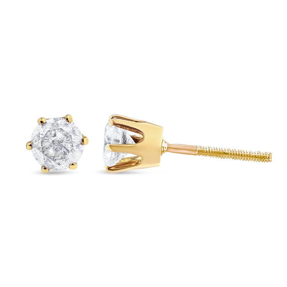 Modern AGS Certified 14K Yellow Gold 2 Carat Round-Cut Diamond 6 Prong Stud Earring For Sale