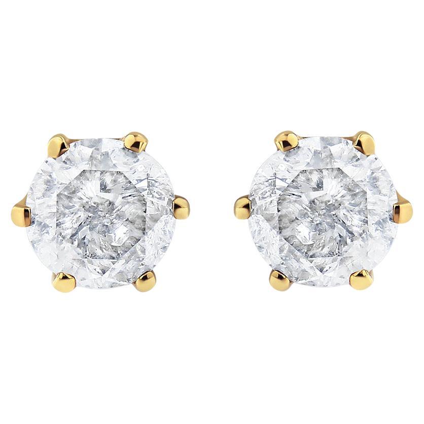 AGS Certified 14K Yellow Gold 2 Carat Round-Cut Diamond 6 Prong Stud Earring For Sale