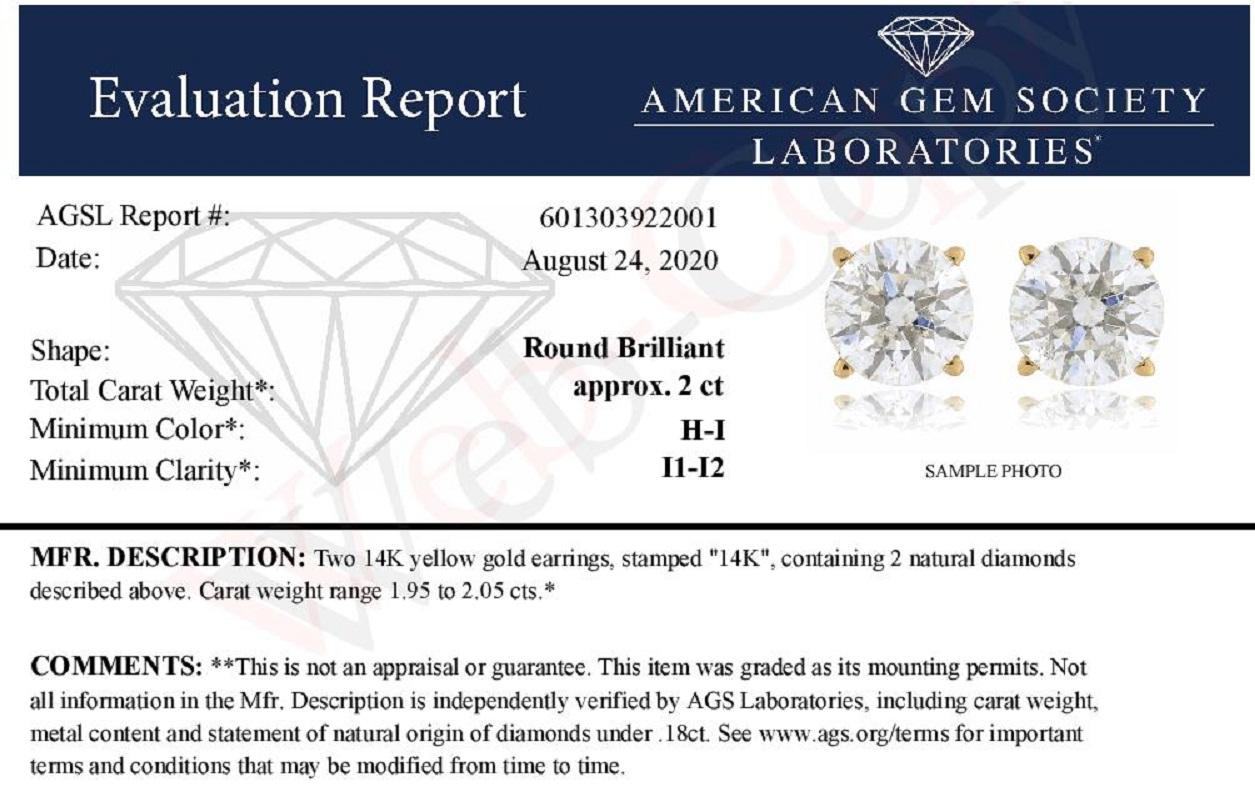 AGS Certified 14K Yellow Gold 2.00 Carat Round-Cut Diamond Stud Earring In New Condition In New York, NY