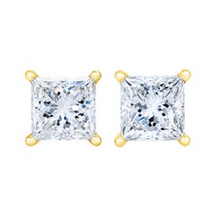 AGS Certified 14k Yellow Gold 3/8 Cttw Princess Solitaire Diamond Stud Earrings