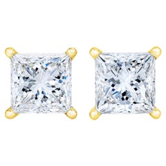 AGS Certified 14k Yellow Gold 3/8 Cttw Princess Solitaire Diamond Stud Earrings