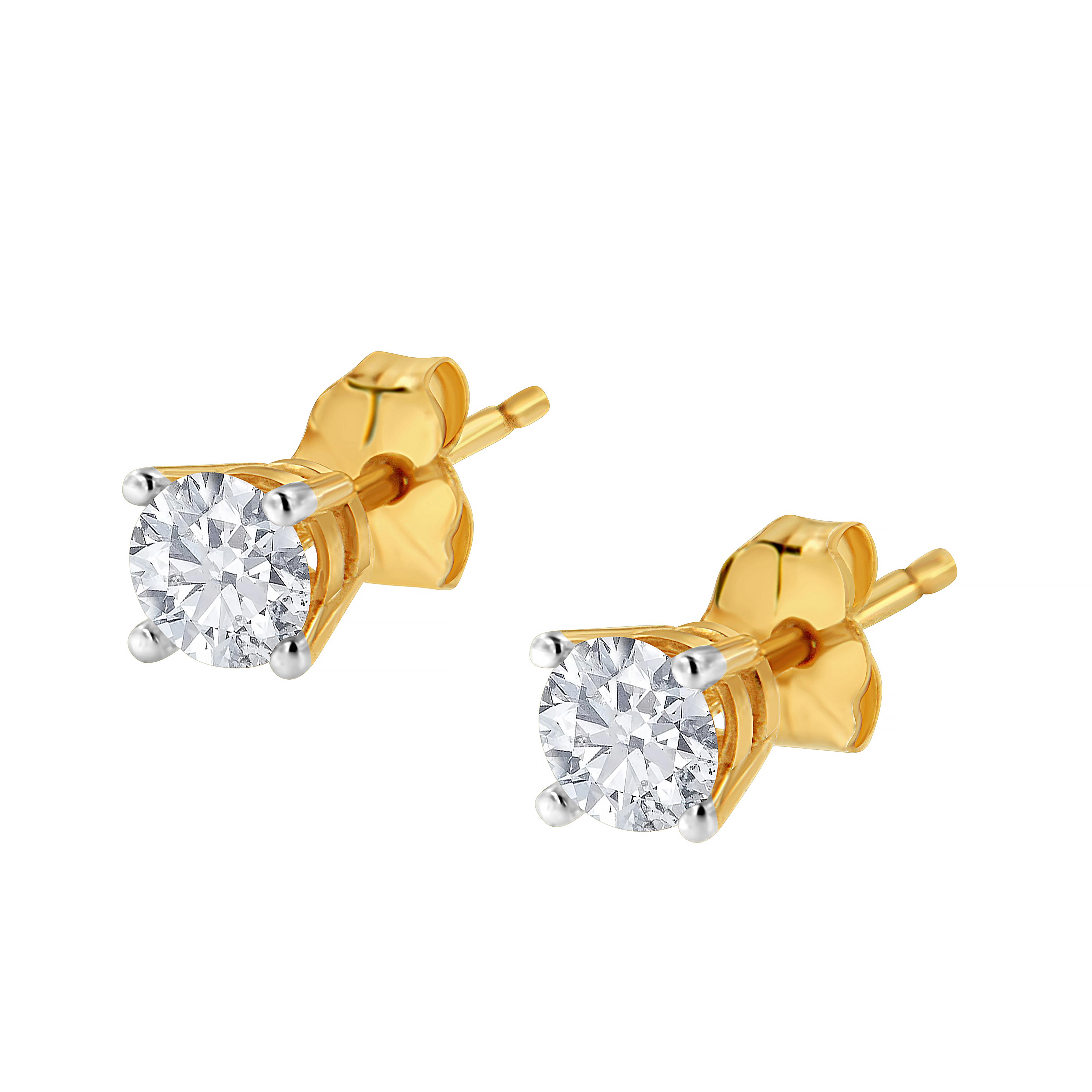 Celebrate any occasion with these classic shimmering diamond stud earrings. Crafted from 14k Yellow Gold each earring showcases a sparkling Brilliant Round-Cut Solitaire Diamond in a 4-Prong Setting. Dazzling with 3/8 cttw of diamonds and a bright