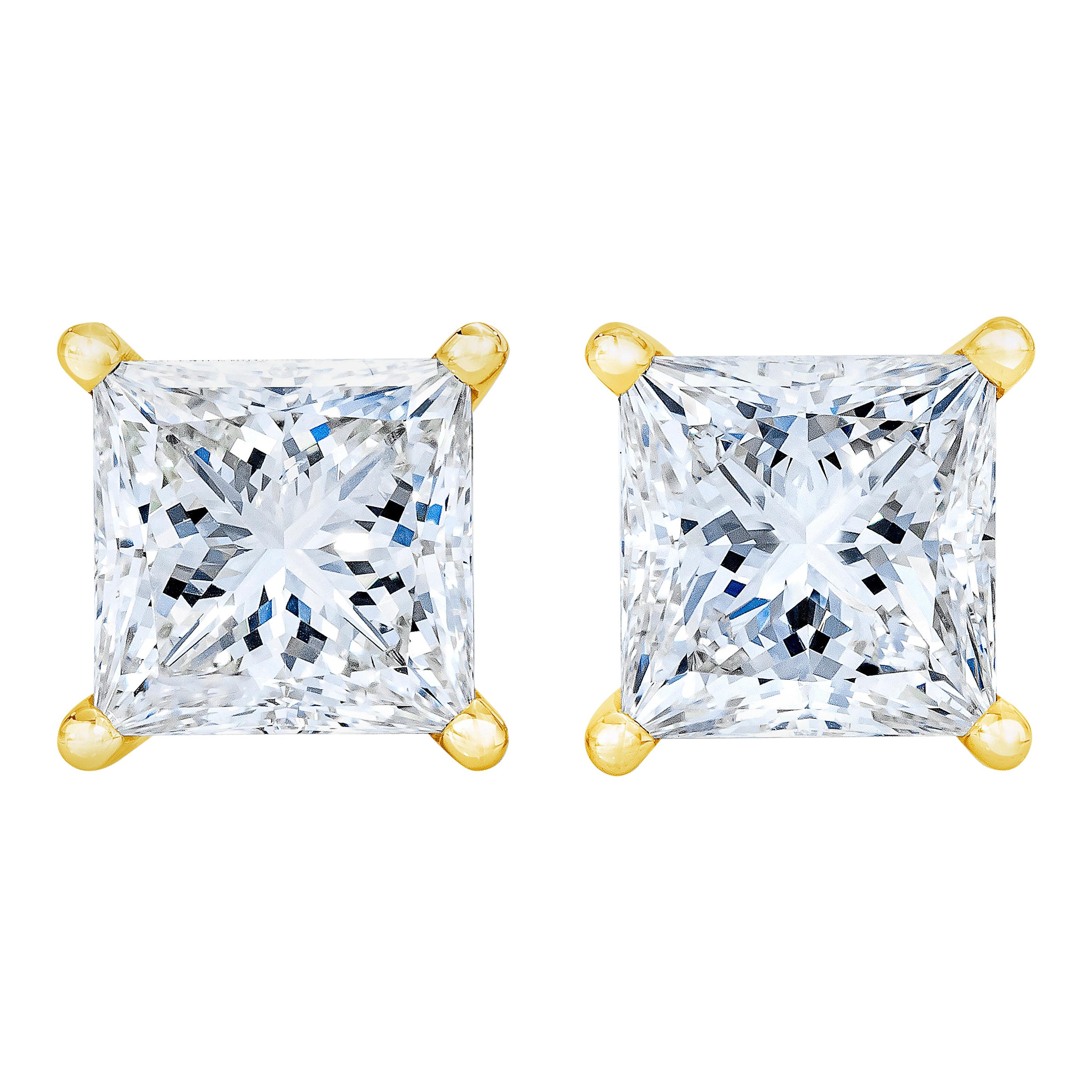AGS Certified 14k Yellow Gold Princess Diamond Stud Earrings For Sale at  1stDibs