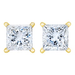 AGS Certified 14k Yellow Gold Princess Diamond Stud Earrings